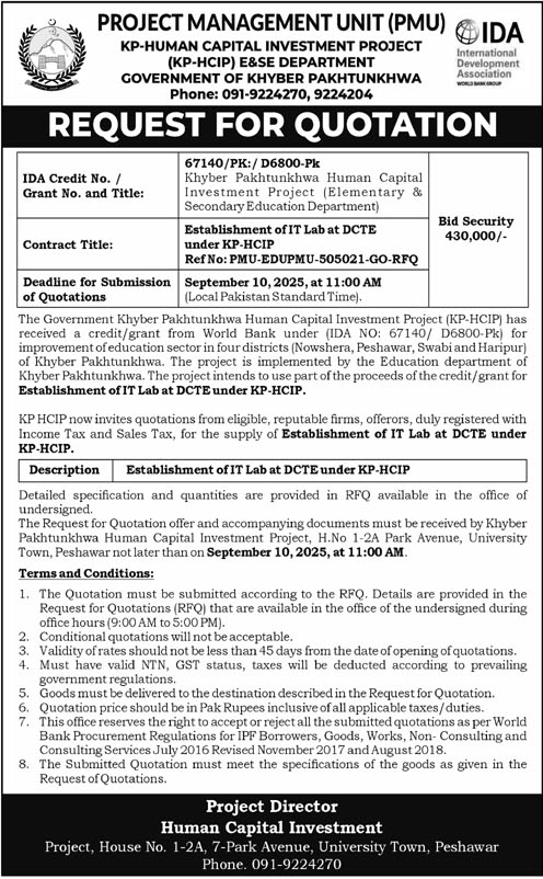 E&SE Department Peshawar Tender Notice